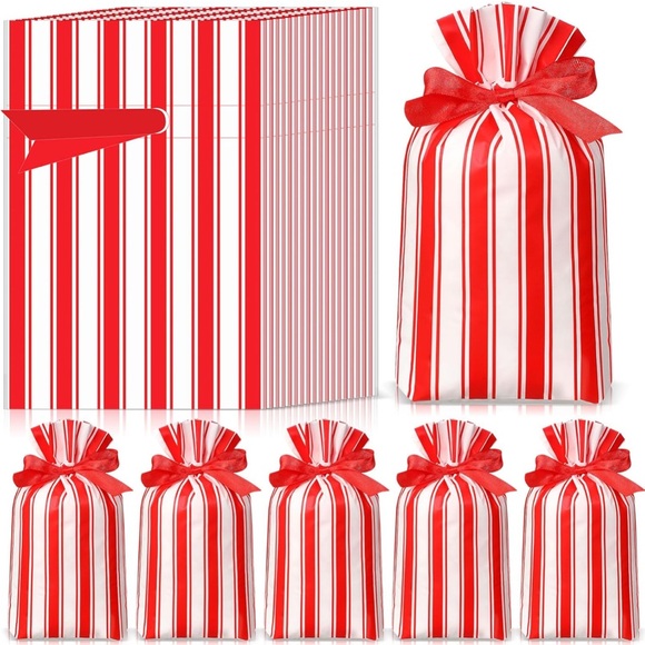 50 Red and White Striped Party Favor Bags Plastic with Drawstring - Picture 4 of 4